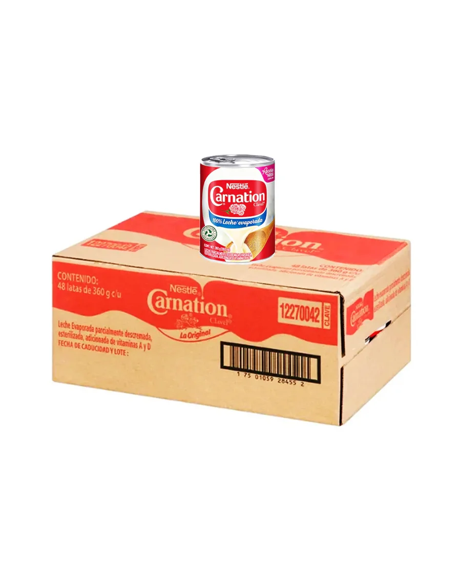 Leche Evaporada Carnation Clavel Nestlé Caja de 48 piezas de 360 g cada una